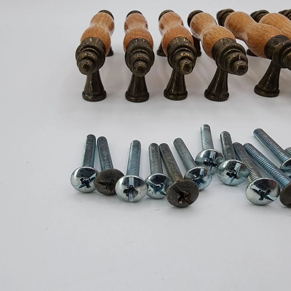 Vintage Salvaged Recycled‎ Wood & Brass Drawer Pulls Oak & Metal Cabinet Handles